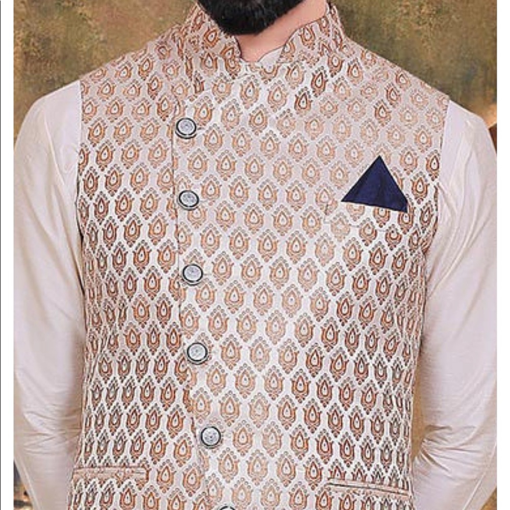 Art Brocade Silk Asymmetric Nehru Coat in Cream